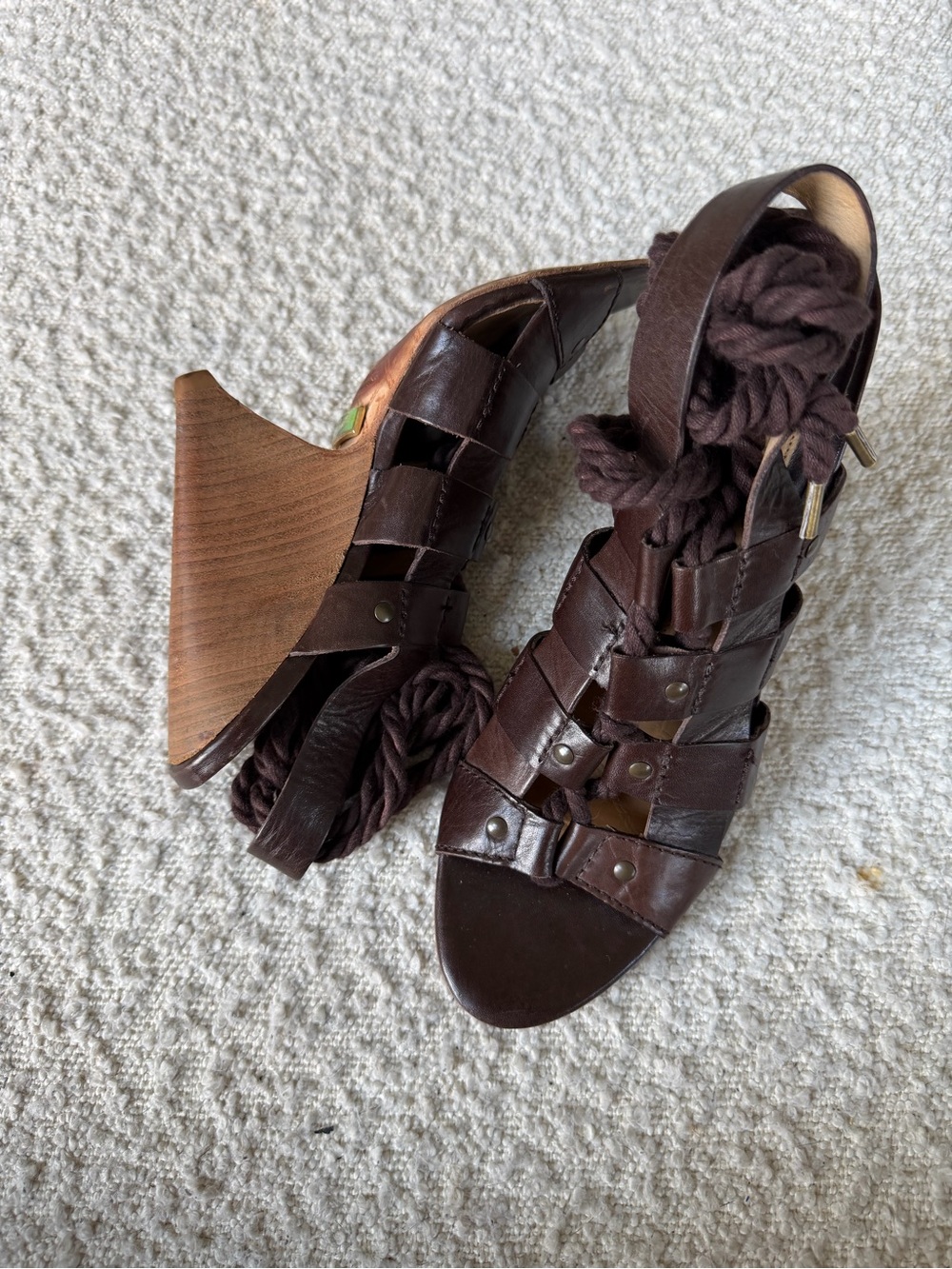 L.A.M.B. Dark Brown Leather Wedge Sandals with Wrap Tie